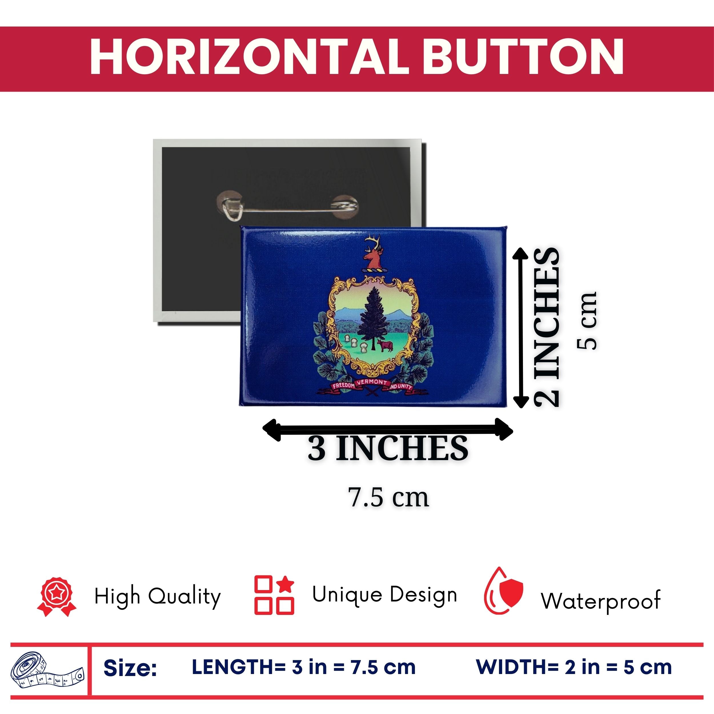 Horizontal Button - State Flag Vermont - USA
