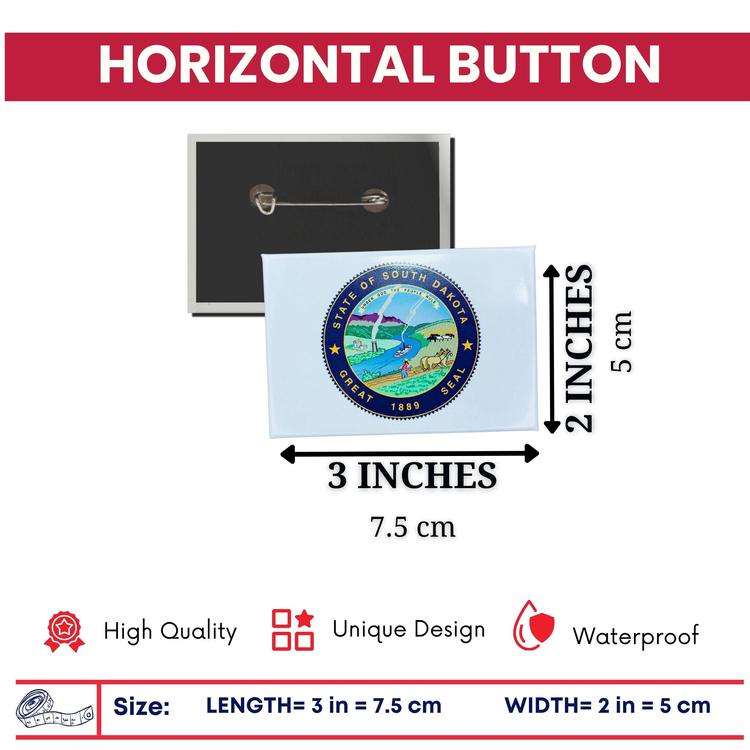 Horizontal Button - State Seal South Dakota - USA