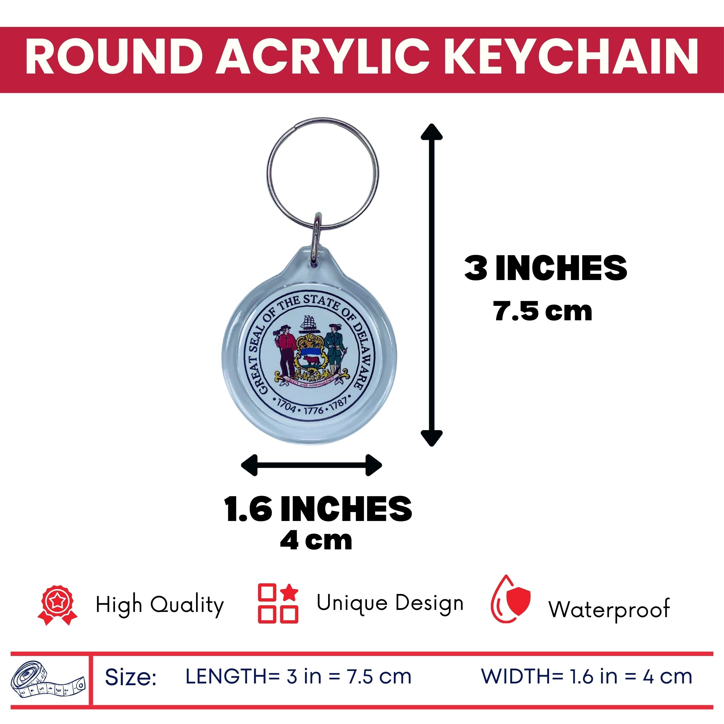 Round Acrylic Keychain - State Seal Delaware - USA