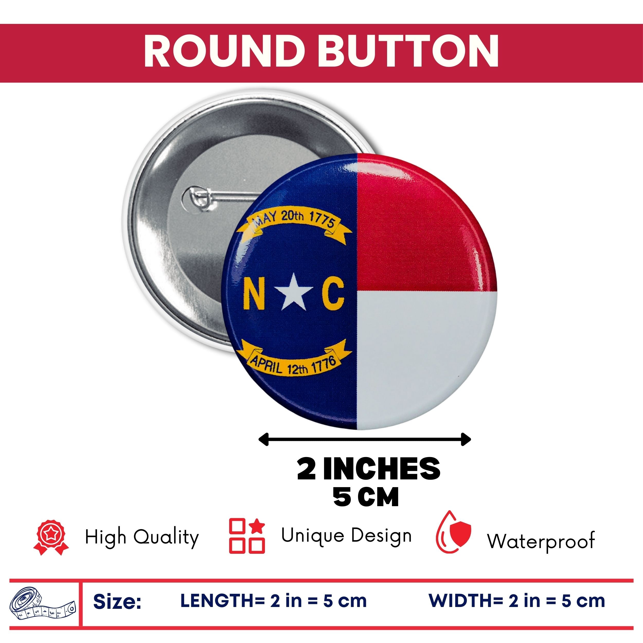 Round Button - State Flag North Carolina - USA