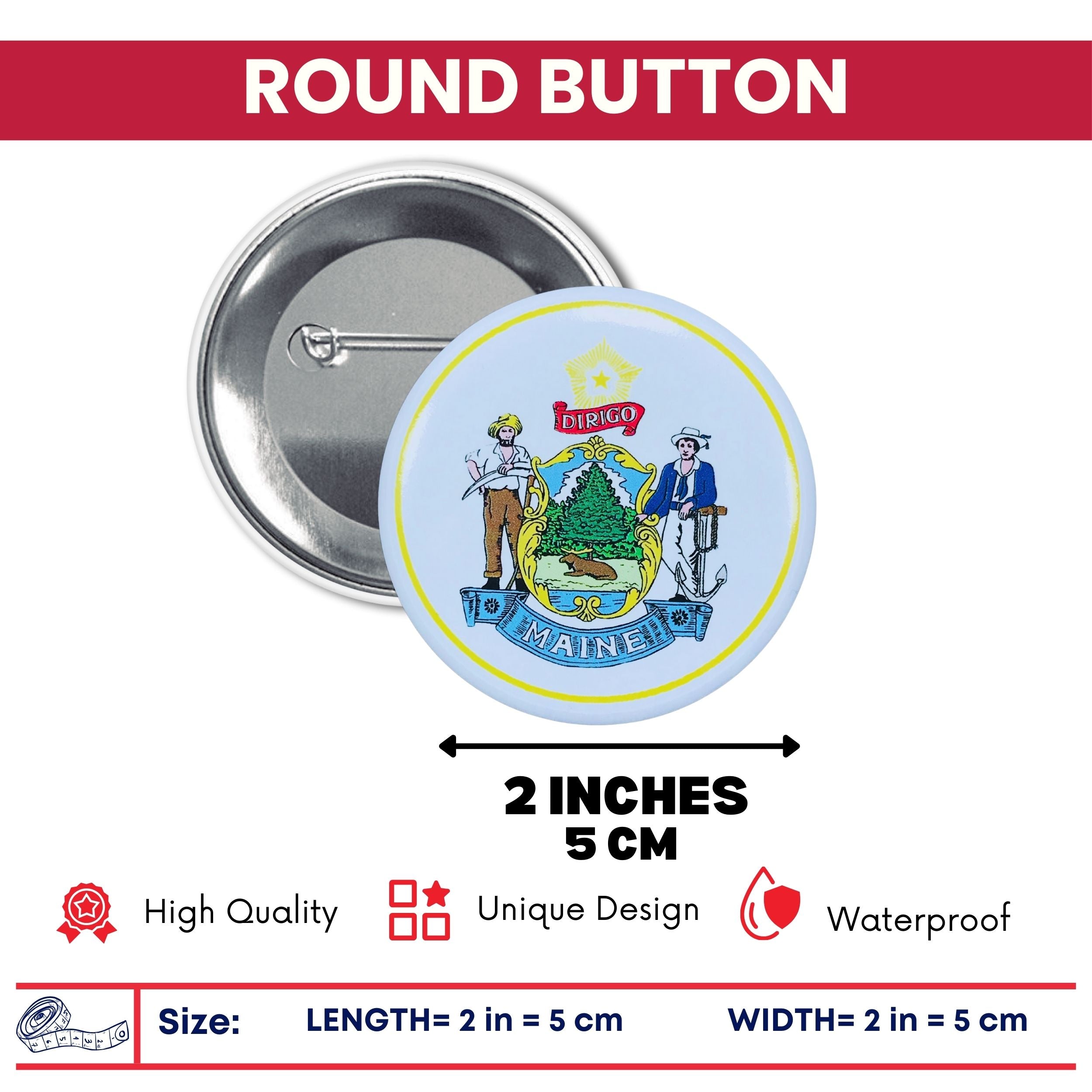 Round Button - State Seal Maine - USA