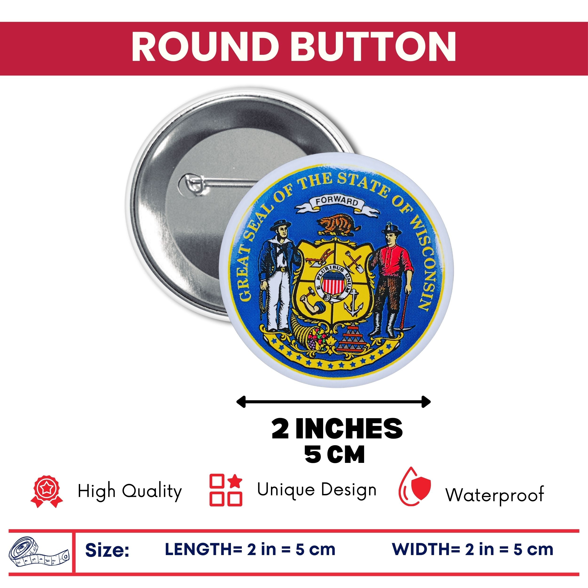 Round Button - State Seal Wisconsin - USA