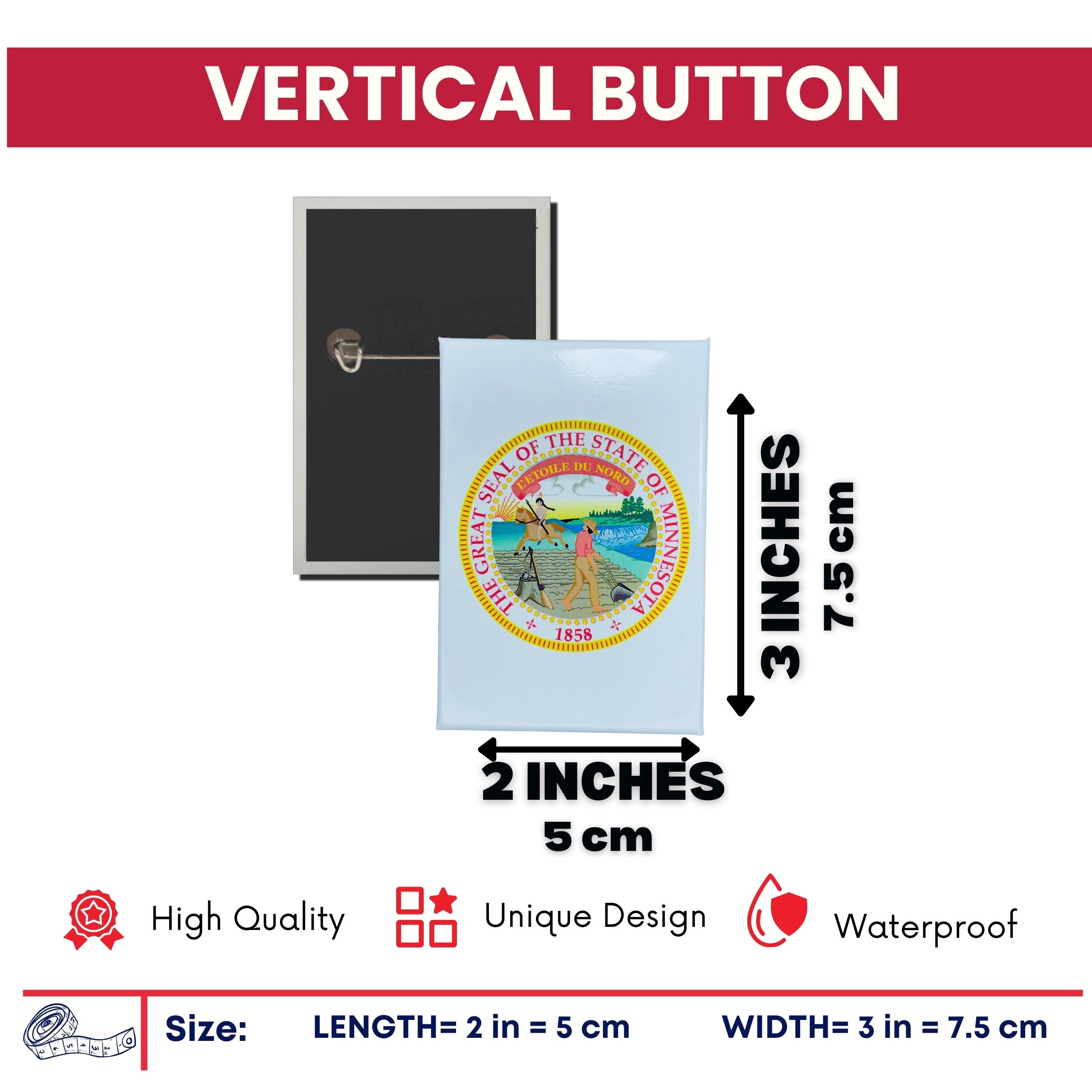 Vertical Button - State Seal Minnesota - USA